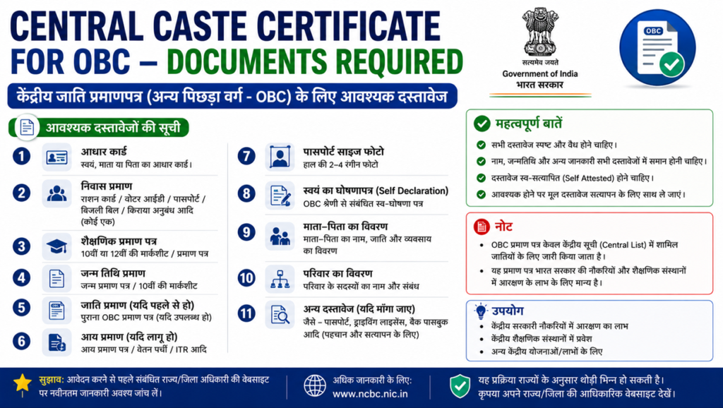 central caste certificate for obc documents required